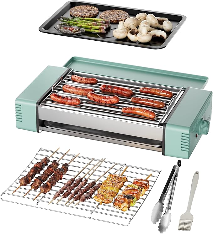 HBN 3-in-1 Hot Dog Roller Grill Machine with Nonstick Plate & Grill Rack, 800W Compact Indoor Electric Sausage Griller for Kitchen, Home, Small Space Use (Cyan)