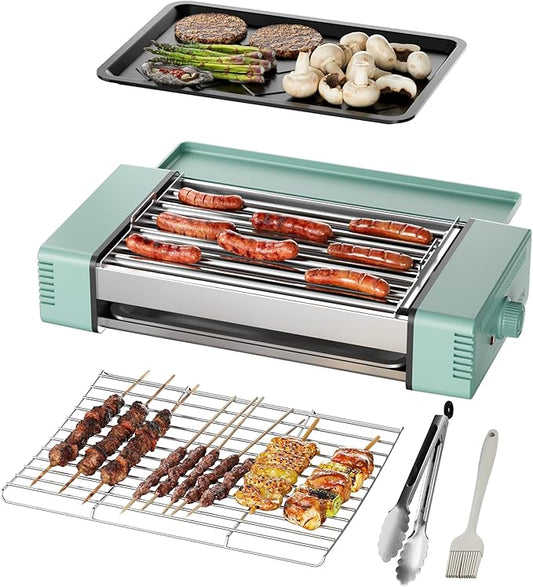 HBN 3-in-1 Hot Dog Roller Grill Machine with Nonstick Plate & Grill Rack, 800W Compact Indoor Electric Sausage Griller for Kitchen, Home, Small Space Use (Cyan)