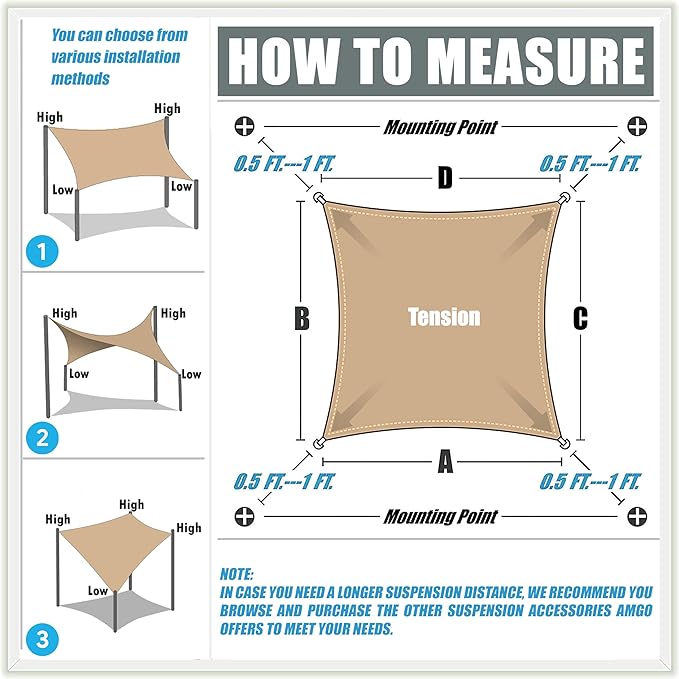 Amgo 10' x 13' Sand Beige Rectangle Sun Shade Sail Canopy Awning UPF50+ AGTAPR1620, 95% UV Blockage, Water & Air Permeable, Commercial and Residential, 3 Years Warranty (We Make Custom Size)
