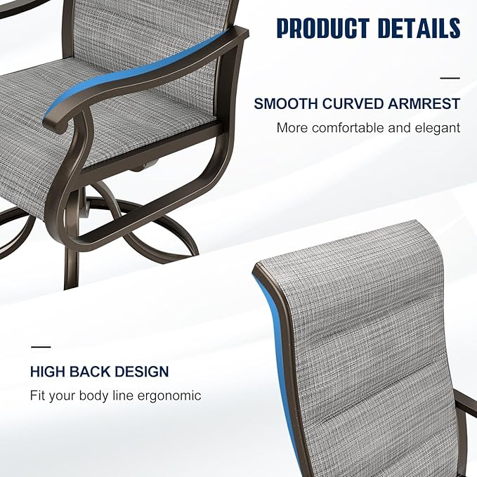UDPATIO Patio Swivel Dining Chairs Set of 8, Outdoor Swivel Chairs High Back with All Weather Padded Textilene, Metal Rocking Frame for Lawn Garden Backyard, Grey White