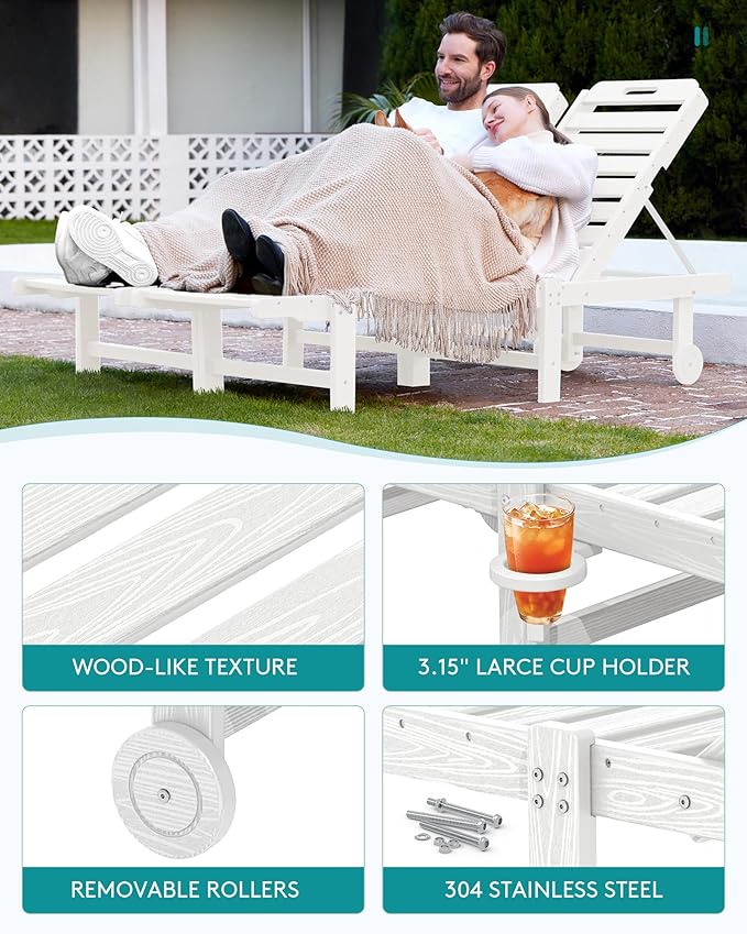SERWALL Patio Chaise Lounge Set of 2, HDPE Outdoor Lounge Chair with Cup Holder, 5 Positions Adjustable Pool Lounge Chair with Rolling Wheels for Poolside, Deck, Sunbathing, White