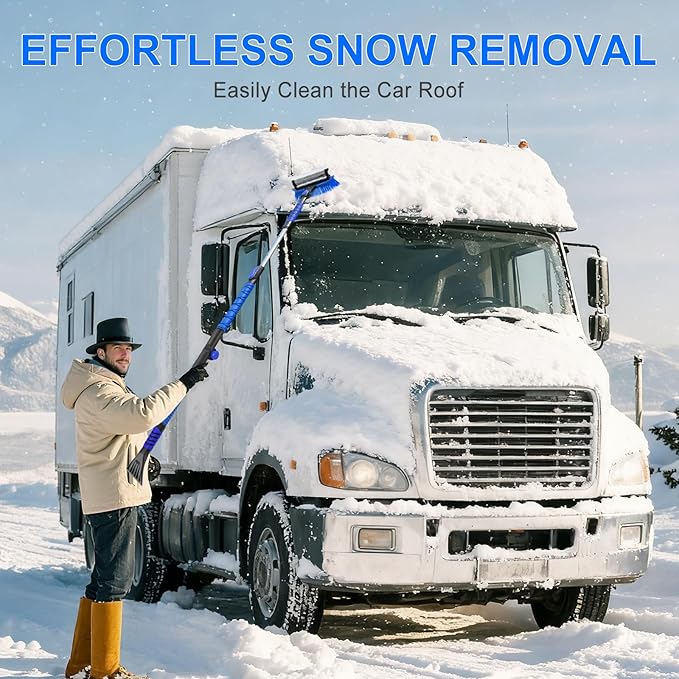 62.4" Foldable Snow Brush and Ice Scrapers for Car Windshield, Adjustable & Extendable Ice Removal Tool with Non-Slip Foam Grip, 180° Pivoting Snow Brush for Car, SUV, Truck, Blue