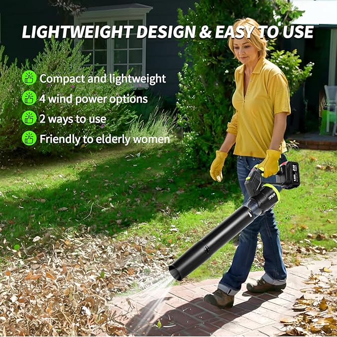 Leaf Blower Cordless, Electric Cordless Leaf Blower w/ 2 Batteries & Charger, 4 Wind Speed, 2 Handheld Modes, 4.0/5.0AH Battery, Lightweight Blowers for Patio Cleaning, Lawn Care, Yard, Garage