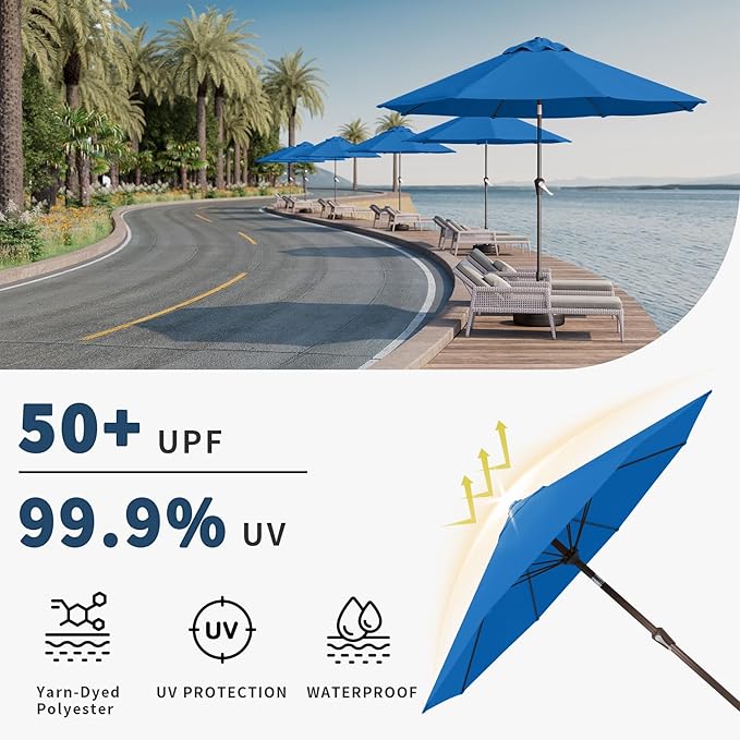 10FT Patio Umbrella Outdoor Market Umbrella with Crank and Tilt, 8 Flexible Fiberglass Ribs, UV-Resistant Waterproof Canopy for Patio, Deck, Garden, Backyard, Royal Blue