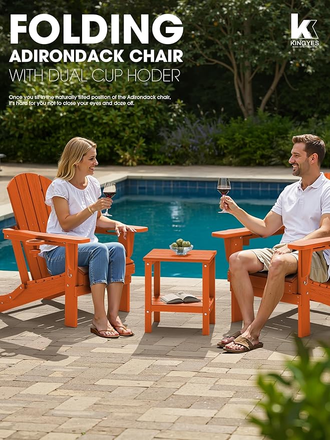 KINGYES Folding Adirondack Chair Set of 6, Dual Cup Holders & All-Weather HDPE, Wood-Like Patio Chair for Backyard, Camping, Pool & Fire Pit, Orange