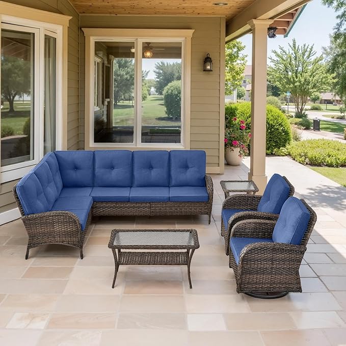 Belord Outdoor Furniture Set - 6 Pieces Patio Conversation Sectional Sofa Set with Swivel Rocker Outdoor Chairs Set of 2 and Wicker Coffee Table for Deck Backyard Sunroom Brown