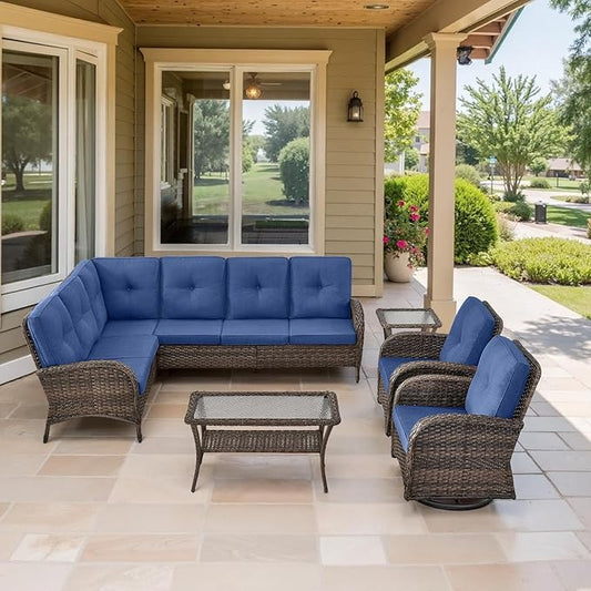 Belord Outdoor Furniture Set - 6 Pieces Patio Conversation Sectional Sofa Set with Swivel Rocker Outdoor Chairs Set of 2 and Wicker Coffee Table for Deck Backyard Sunroom Brown