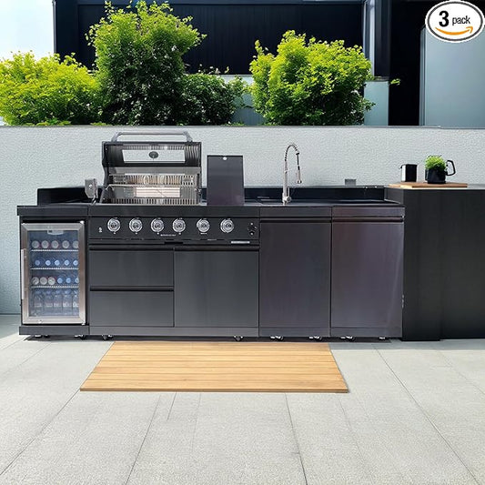 104 Inch 4-Burner 72000 BTU Deluxe Stainless Steel Propane Gas Outdoor Kitchen Barbecue Island Grill, Wine Cooler Compact Refrigerator, Rotisserie Kit, Granite Countertops, Stainless Steel Sink, Black