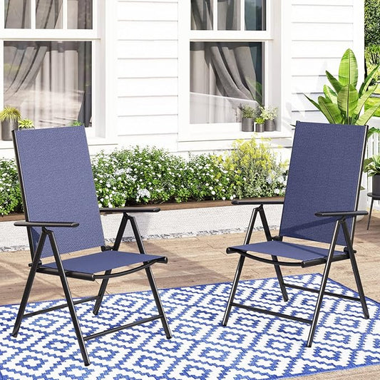 MFSTUDIO Patio Folding Chairs Set of 2, Outdoor Patio Dining Chairs, Portable Blue Sling Patio Chairs, 7 Levels Adjustable Sling Back Chairs for Backyard Lawn Garden