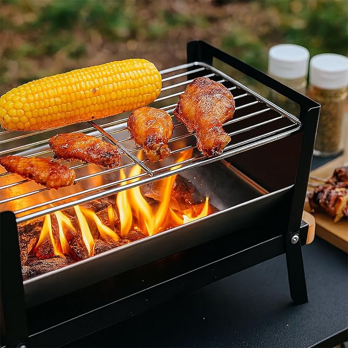 Portable Charcoal Grill with Wood Handle - Folding Tabletop BBQ, Portable Mini BBQ Grill, Compact Stainless Steel Grill for Outdoor Camping, Picnics & Backyard, Easy Setup & Clean