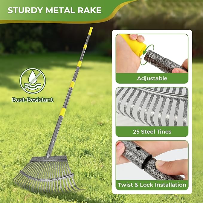 2 Pack Large 18" Wide Metal Leaf Rake, 25 Tines,73” Long Handle,Heavy Duty Graden Rakes Set for Lawn Yard Pine Needles Mulch Thatch Debris Cleanup Set with 2 Pack 72Gallon Leaf Bags and Scoops