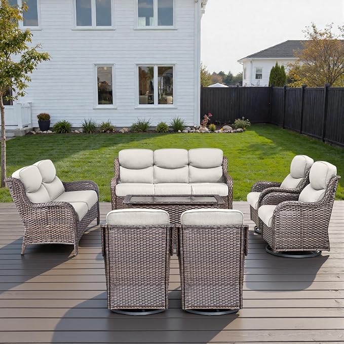 Outdoor Swivel Rocker Patio Chairs Set of 7 with 5" Thick Cushions ,7 Piece Furniture Set with Fire Pit Table All Weather Wicker Conversation Set for Porch Deck - Brown Wicker | Beige Cushions