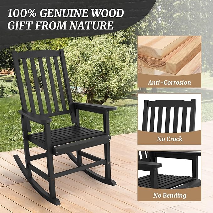 Outdoor Rocking Chairs Set of 2, Rocking Chair Outdoor All Weather Wooden Rockers, Heavy Duty 350lbs, High Back Wide Seat Patio Chairs for Porch, Backyard, Garden, Black