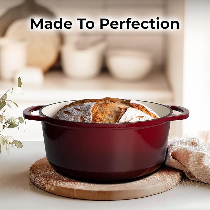 Zulay Kitchen 6 Quart Enameled Cast Iron Dutch Oven Pot with Lid – Premium Durability & Oven Safe up to 500°F – Heavy Duty Cookware Perfect for Bread Baking, Stews, Braising & Roasting – Garnet