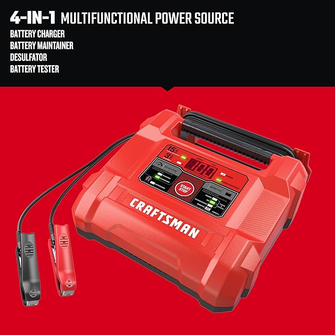 CRAFTSMAN 15A Car Battery Charger and Battery Maintainer, 4-in-1 Solution, for 6V/12V Power Sport, Automotive, and Marine Batteries, CMXCESM162
