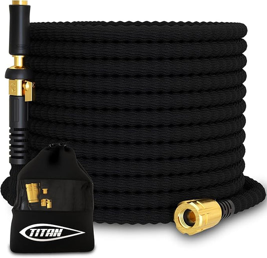 TITAN Flexible Garden Hose 7FT – Ultra Lightweight, Heavy Duty Water Hose with Brass Fittings & Jet Nozzle – Kink-Free, Non-Expanding, Durable Fabric Hose for Yard, Lawn, Car Wash, Outdoor Use