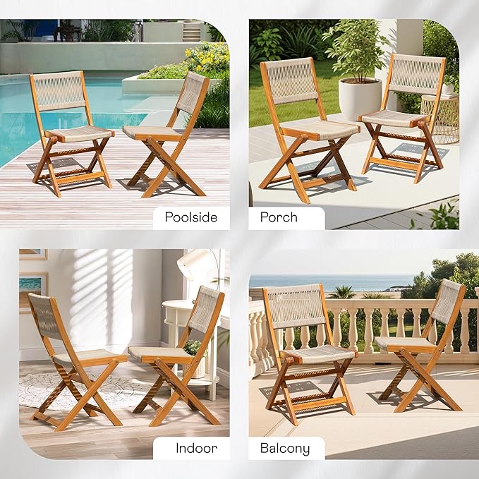 IDZO Wood Rope Design Bistro Chairs, Folding Patio Set of 2 Chairs – Heavy-Duty 400lbs Capacity Outdoor Seating for Balcony, Garden, or Porch