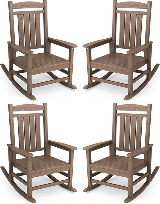 KINGYES HDPE Outdoor Rocking Chair Set of 4, Widened Seat Patio Rocking Chair, Oversized All Weather Patio Rocker, Brown
