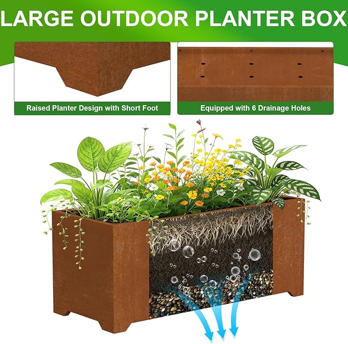 Co-rten Metal Garden Planter Box, Large Outdoor Rectangle Planters with 6 Drainage Holes & Raised Bottom, All-Weather Rust-Resistant Container for Patio, Deck, Commercial Use, 36"L x 15"W x 15"H