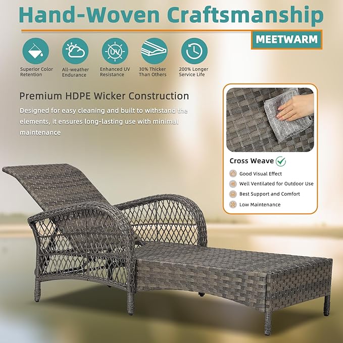 MEETWARM 3 Piece Outdoor Wicker Chaise Lounge Chair Set - Patio Lounge Chairs Set of 2 with Side Table, 6 Position Adjustable Pool Reclining Sunbathing Chair with Cushion, Armrest & Headrest, Gray