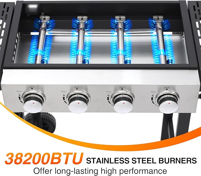 Portable 4-Burner Flat Top Grill with Folding Tabletop Design & Integrated Cart - 38,200 BTU Propane Griddle for Outdoor Cooking, Camping, Tailgating