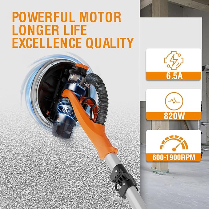 MAXXT Drywall Sander with Vacuum Dust Collection, Popcorn Ceiling Removal Tool, 6 Variable Speed Foldable Telescopic Electric WallSander, 600-1900RPM Power Sander Tool, LED Light, 18Pcs Sanding Discs