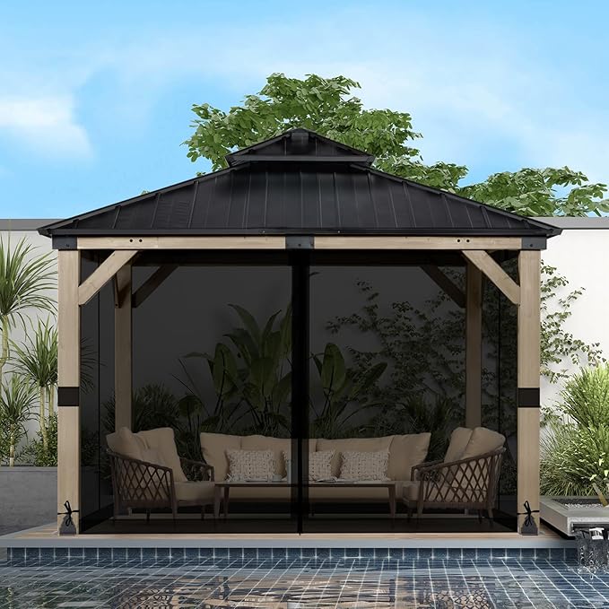 BPS 12' x 12' Gazebo Universal Mosquito Netting Screen Replacement, 4-Panel Screen Walls with Double Zippers for Outdoor Patio, Black (Mosquito Net Only)