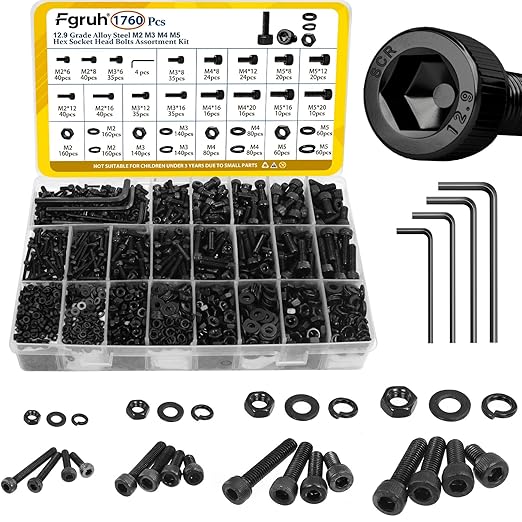 1760PCS Metric Screw Assortment Kit,M2 M3 M4 M5 Screws Set, Hex Socket Head Cap Bolts Nuts and Washers Kit for 3D Printing DIY, Grade 12.9 Alloy Steel, Black Zinc Plated