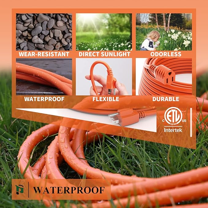 Outdoor Extension Cord 10 FT Waterproof, 16/3 Gauge Heavy Duty 3 Prong Extension Cord, 13A 1625W SJTW, ETL Listed, Great for Garden and Home, Orange