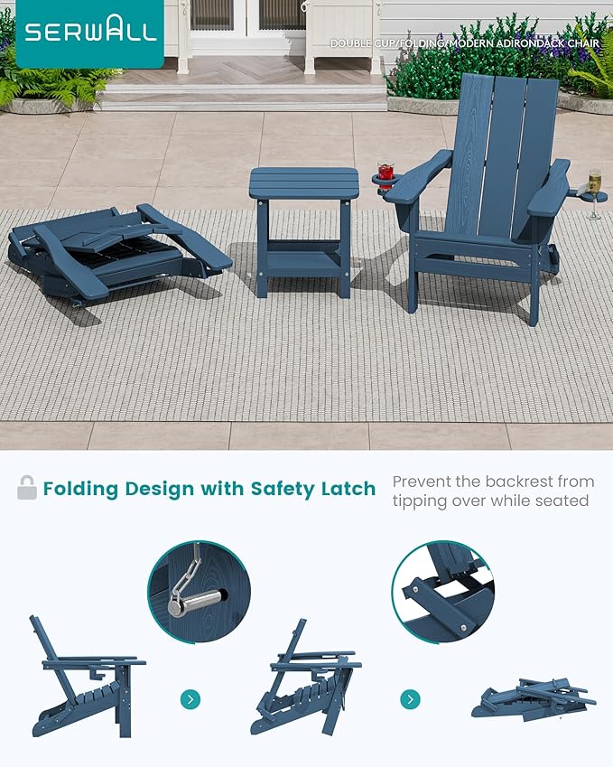 SERWALL Modern Folding Adirondack Chair Set of 4, HDPE Weather Resistant Outdoor Adirondack Chair with Dual Cup Holders, Patio Lawn Garden Chairs, Blue