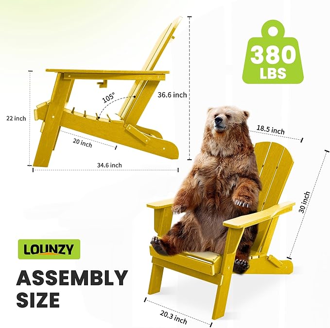 LOUNZY Folding Adirondack Chair with Cup Holder, HDPE All-Weather Folding Patio Chair, Outdoor Patio Adirondack Chair for Lawn Porch Garden Backyard Deck Fire Pit, Yellow