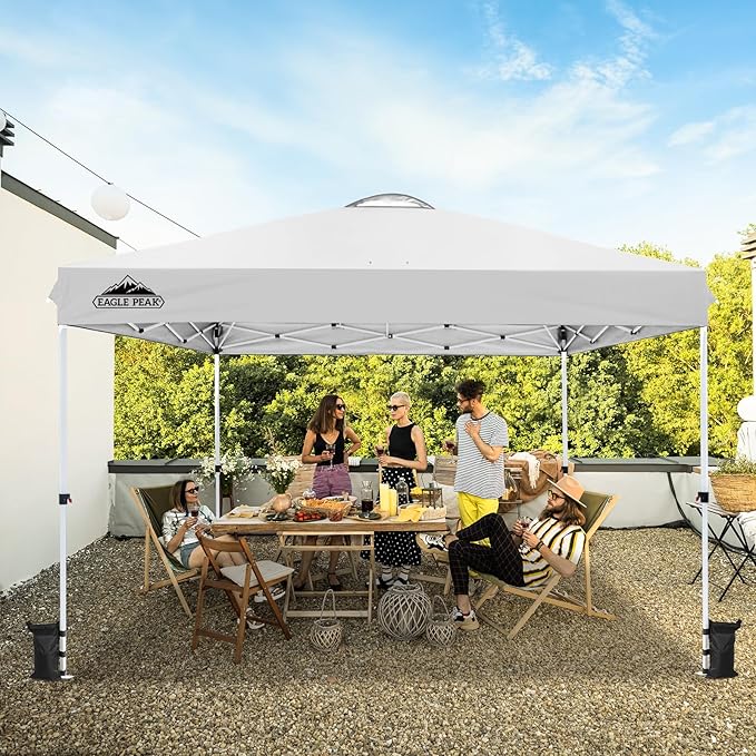 EAGLE PEAK Pop Up Canopy Tent with Wheeled Carry Bag, 8 Stakes, 4 Ropes, 4 Weight Bags, Easy Set Up Tent Canopy, 12x12 ft, 144sqft of Shade, White