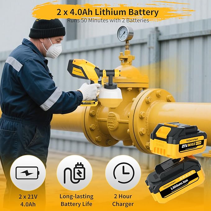 Cordless Paint Sprayer, 21V 2×4.0Ah Batteries, 1200ML High-Power Electric Spray Gun with 5 Nozzles & 3 Patterns, Adjustable Spray Width, Easy-to-Clean Sprayer for Furniture, Cabinets & Walls