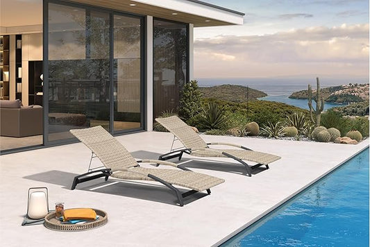 PURPLE LEAF Patio Chaise Lounge Chair Set of 2 Wicker Adjustable Recliner Tanning Chair for Outdoor Pool Beach Poolside Sunbathing Lounger Beige