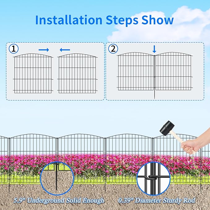 INJOPEXI Garden Fence 6 Panels 11.8ft (L)×24in (H) Decorative Garden Fence with 6 Panels Rustproof Wire No Dig Garden Fences Animal Barrier Fencing for Outdoor Patio Backyard - Without Fence Gate