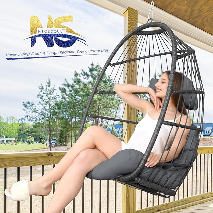 Nicesoul Patio Hanging Egg Chair No Stand, Foldable Ceiling Egg Basket Chairs Without Stand Indoor Outdoor, 350lbs Egg Shell Swing Hammock Chair with Cushion for Backyard, Balcony, Outside, Dark Grey