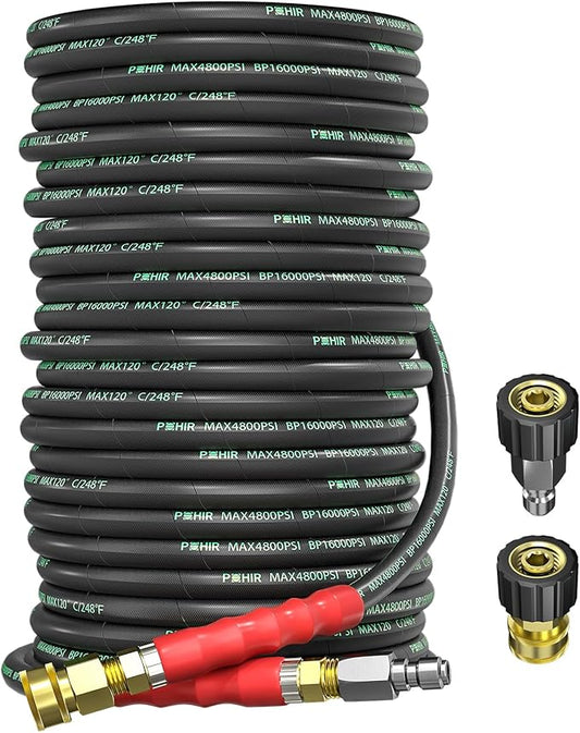 POHIR 3/8" Pressure Washer Hose 150FT 4800psi Kink Resistant High Tensile Wire Braided Power Washer Hose Cold & Hot Water Max 248℉ 2pcs 3/8" Quick Connect to M22 14mm Accessories