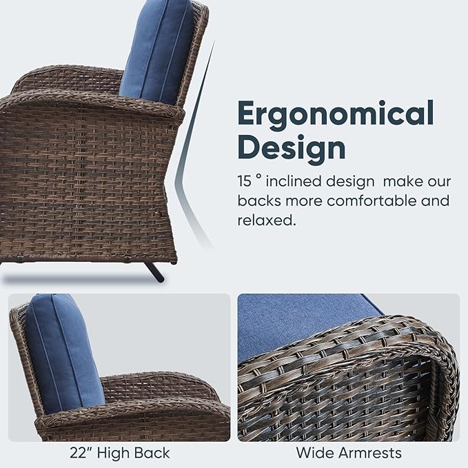 Belord 5 Piece Outdoor Patio Furniture Set with 50000 BTU Propane Fire Pit Table, Deep Seating Wicker Swivel Rocker Chairs and Loveseat Glider Patio Conversation Set for Deck Poolside Backyard Blue