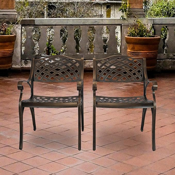 Cast Aluminum Patio Chairs Set of 2,Bistro Dining Chair with Armrests, Wrought Iron 2 Piece Patio Bistro Chair, Cast Iron Outdoor Patio Dining Chair for Backyard,Porch,Brown