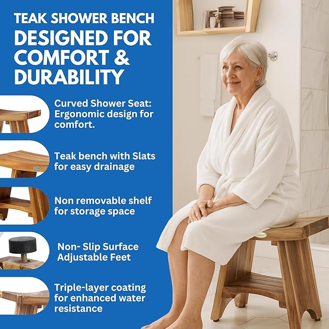 EcoDecors Teak Shower Bench 18", 300 lb Capacity – Waterproof Wood Bath Seat with Shelf, Spa Seating for Adults – Compact Fit for Small Bathrooms & Walk-in Showers – Slip-Resistant Feet