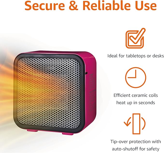 Amazon Basics Ceramic Space Heater, Mini Heater for Office Desk, Portable Tent Heater for Camping (Indoor Use), 500 W, With Tip-Over Protection, Lightweight (1.4 LBS), Pink, 5.9 x 3.2 x 6 inches