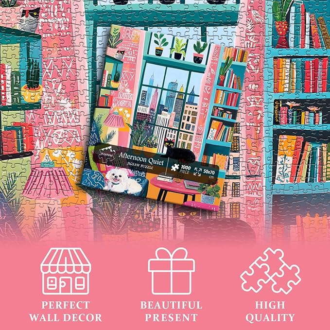 PICKFORU Cozy Puzzles 1000 Pieces, Cat Dog Jigsaw Puzzle Features Book Plant Bookshelf Animals, Puppy Kitten Challenge for Adults,Colorful Modern Art
