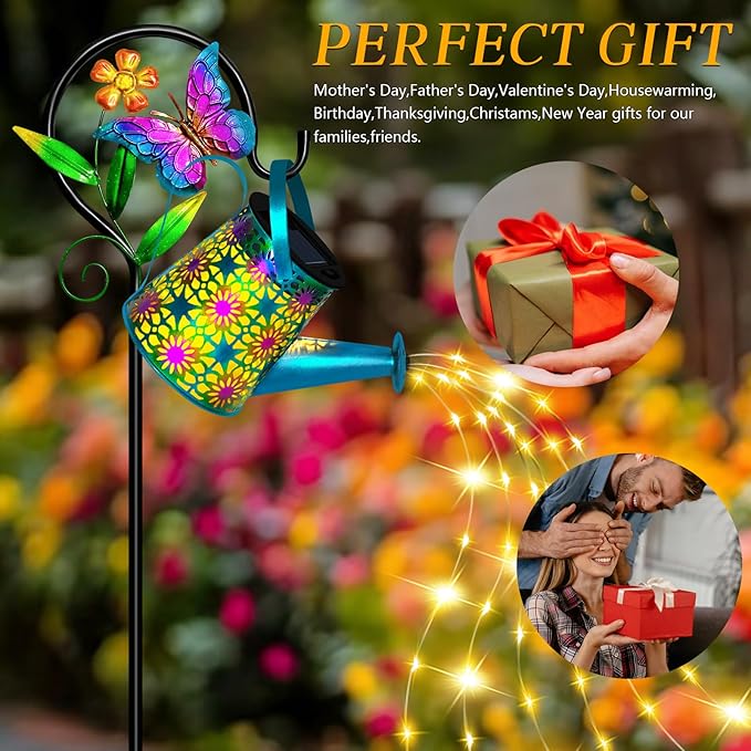 Solar Watering Can with Lights, Waterproof Solar Lantern with Butterfly Shepherd Hook, Hanging Garden Lights for Patio Yard Lawn Porch Outdoor Decoration, Unique Garden Gifts for Women