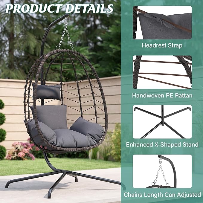 Hanging Egg Chair with Stand, Swinging Egg Chair Outdoor Indoor, Hanging Basket Chair with Cushion, Patio Wicker Hammock Chair 350lbs Capacity for Bedroom, Porch, Balcony, Backyard, Garden (Grey)