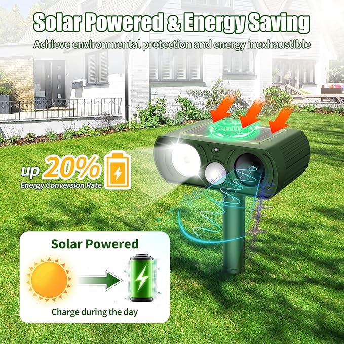 Solar Ultrasonic Animal Repellent, Deer Repellent Devices Waterproof, Cat Repellent Outdoor with Motion Detection Squirrel Skunk Rabbit Dog Raccoon Deterrents Animal Repeller for Yard, 1 Pack