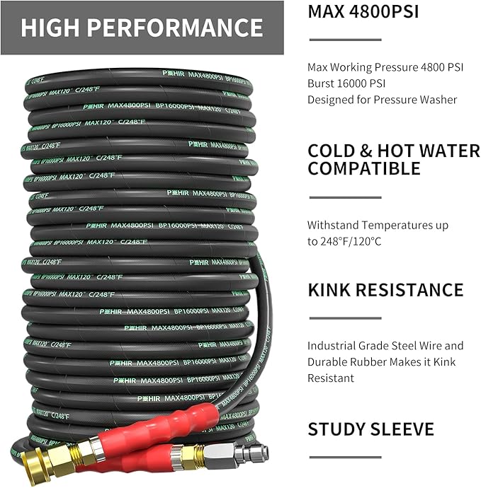 POHIR 3/8" Pressure Washer Hose 150FT 4800psi Kink Resistant High Tensile Wire Braided Power Washer Hose Cold & Hot Water Max 248℉ 2pcs 3/8" Quick Connect to M22 14mm Accessories