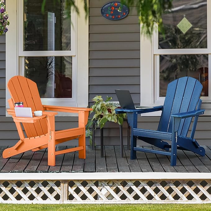 Adirondack Chair Set of 8, HDPE Folding Adirondack Chair with Multifunctional Cup Holder, Weather Resistant Fire Pit Chair for porches, patios, poolsides, Decks.