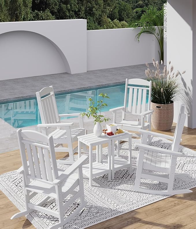 FOOWIN Outdoor Rocking Chair Set of 6, High Back Patio Rocking Chair, HDPE All Weather Resistant Porch Rocker for Adult, Oversized Rocking Chairs for Garden, Lawn, Indoor & Outdoor Use, White