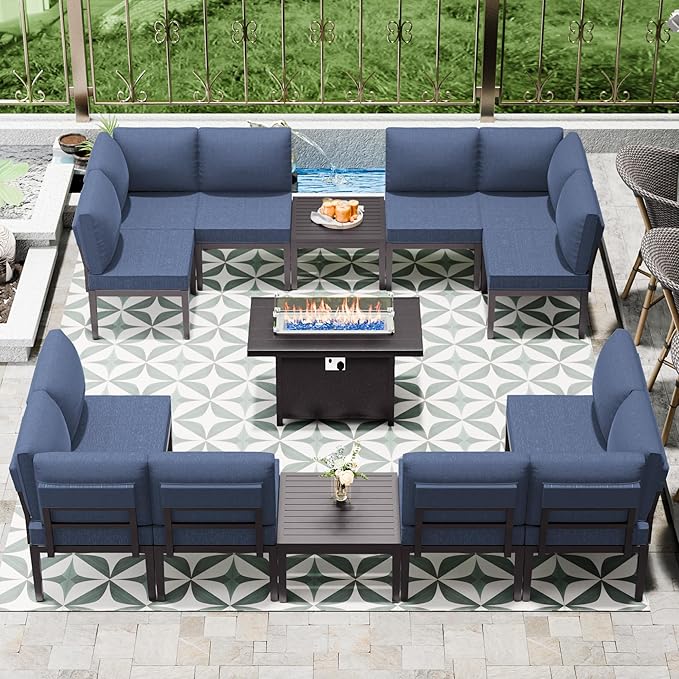 Patio Furniture Set,15 Pieces Modern Outdoor Conversation Set w/43in Gas Fire Pit Table, Outdoor Metal Sectional Sofa with 55000 BTU Propane Fire Pit