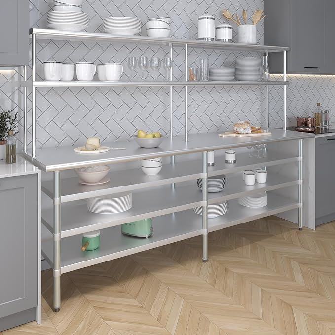 Amgood 24" x 96" Stainless Steel Work Table with 3 Shelves and 12" Wide Double Tier Overshelf | Metal Kitchen Prep Table & Shelving Combo | NSF
